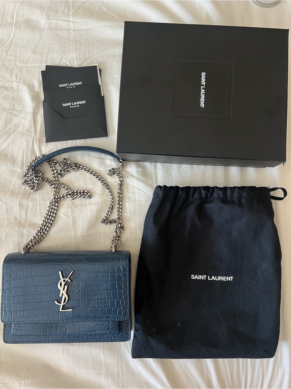 Saint Laurent Small Sunset Bag in Denim Blue Croc-Embossed Leather - Picture 2 of 16